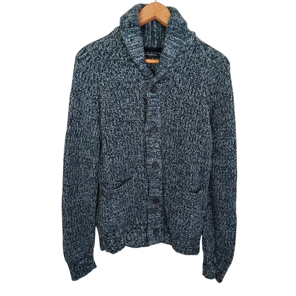 Banana Republic Mens Wool Blend Blue Marled Shawl Collar Cardigan Sweater S